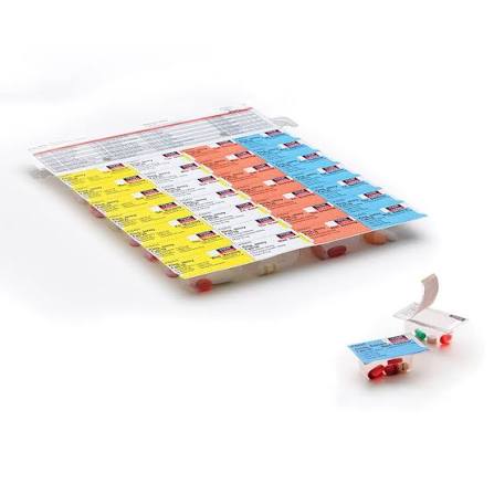 Example of compliance (Dispill) multi-dose adherence packaging: a card of blister compartments organized by day and time